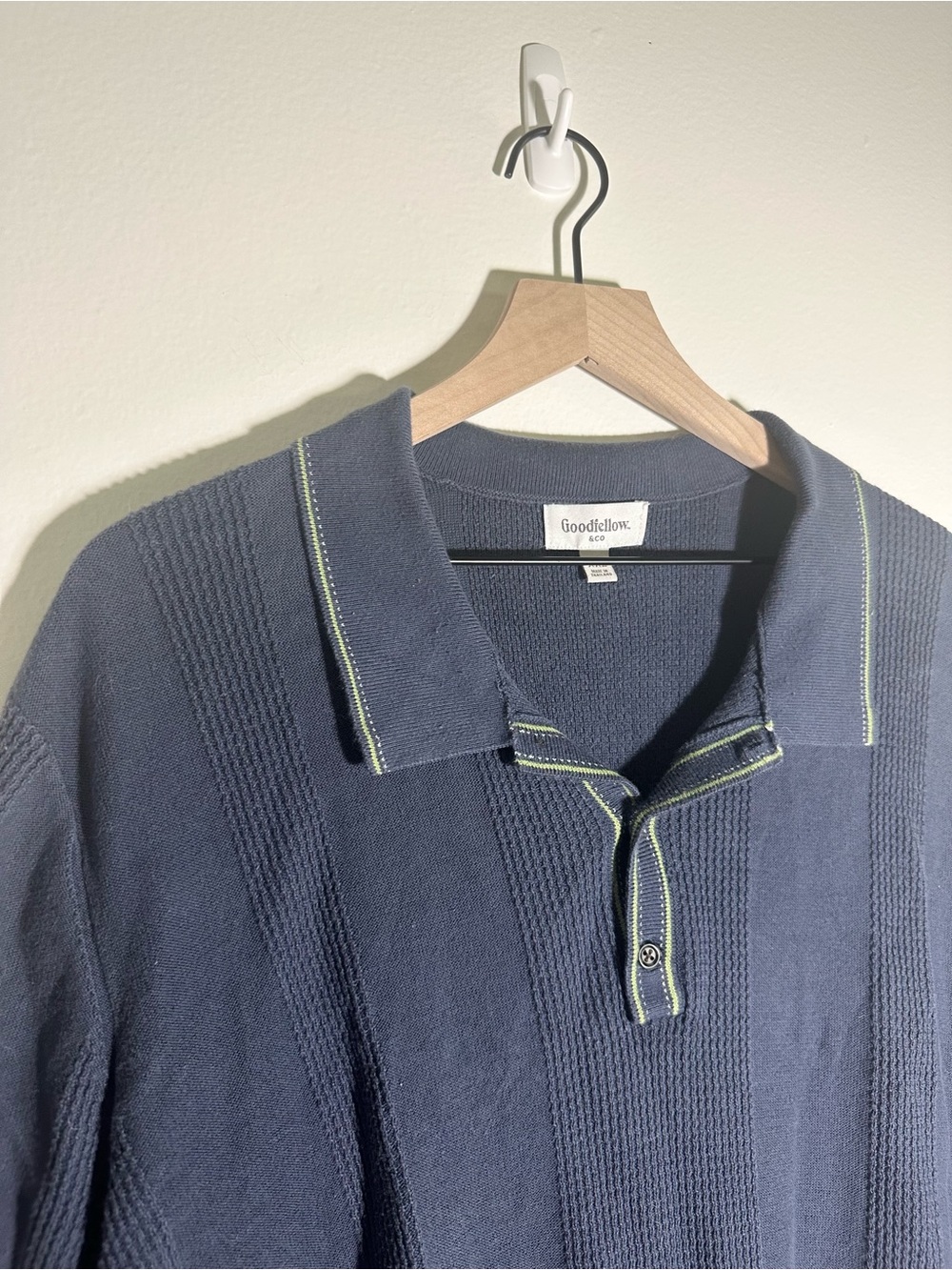 Goodfellow & Co - Men’s 100% Cotton Navy Polo with Pale Green Contrast Trim